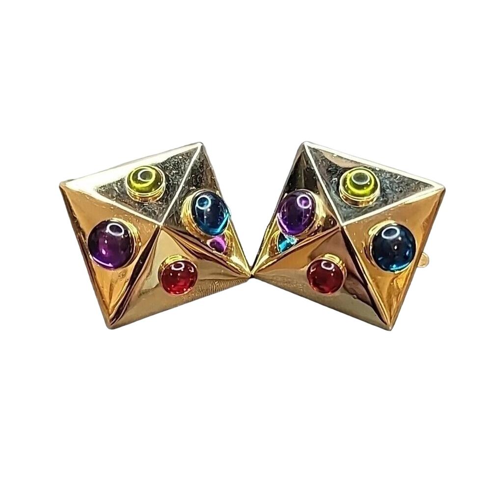 Trifari TM Vintage 80s Cabochon Gripoix Pyramid Clip-On Earrings Multicolor RARE - Picture 2 of 5
